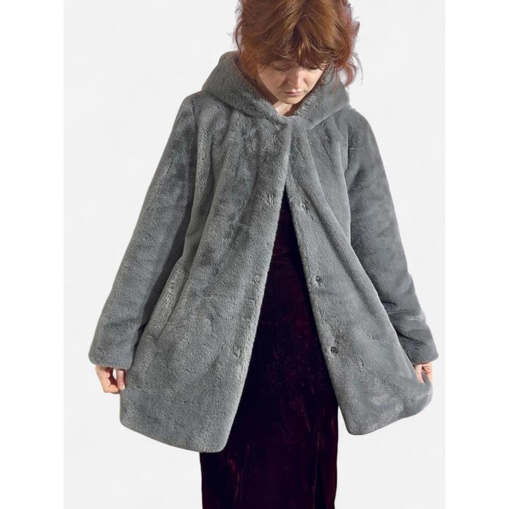 Gray-blue faux fur hooded coat